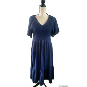 Zattcas Navy Blue Flutter Sleeve V-Neck Smocked Tiered Ruffle Midi Dress XL